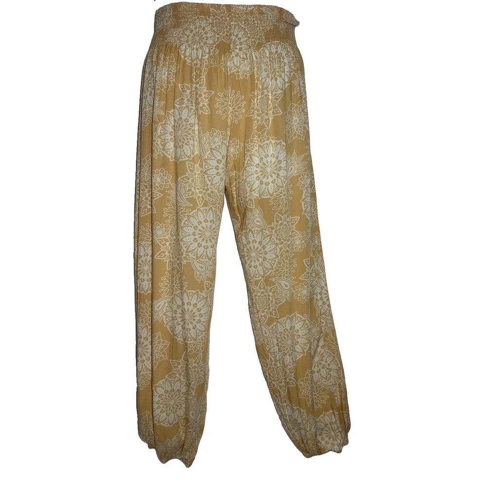 Lotus and Luna Women's Yoga Yellow White Mandala Smocked Waist Harem Pants